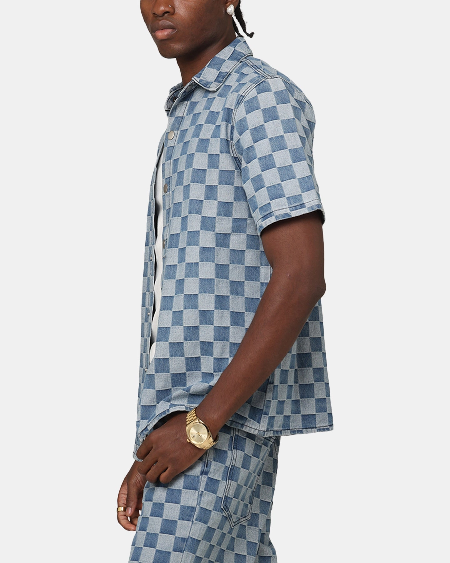 XXIII Checker Board Button Up Shirt Blue Monochrome Style Elegant Finish