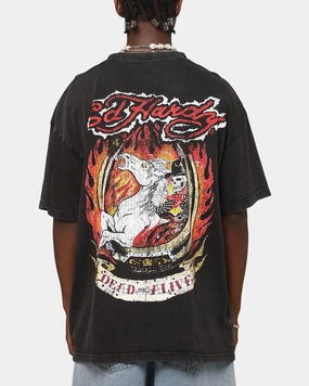 Ed Hardy Horse Power Vintage T-Shirt Black Acidwash Comfy Apparel Cozy Design