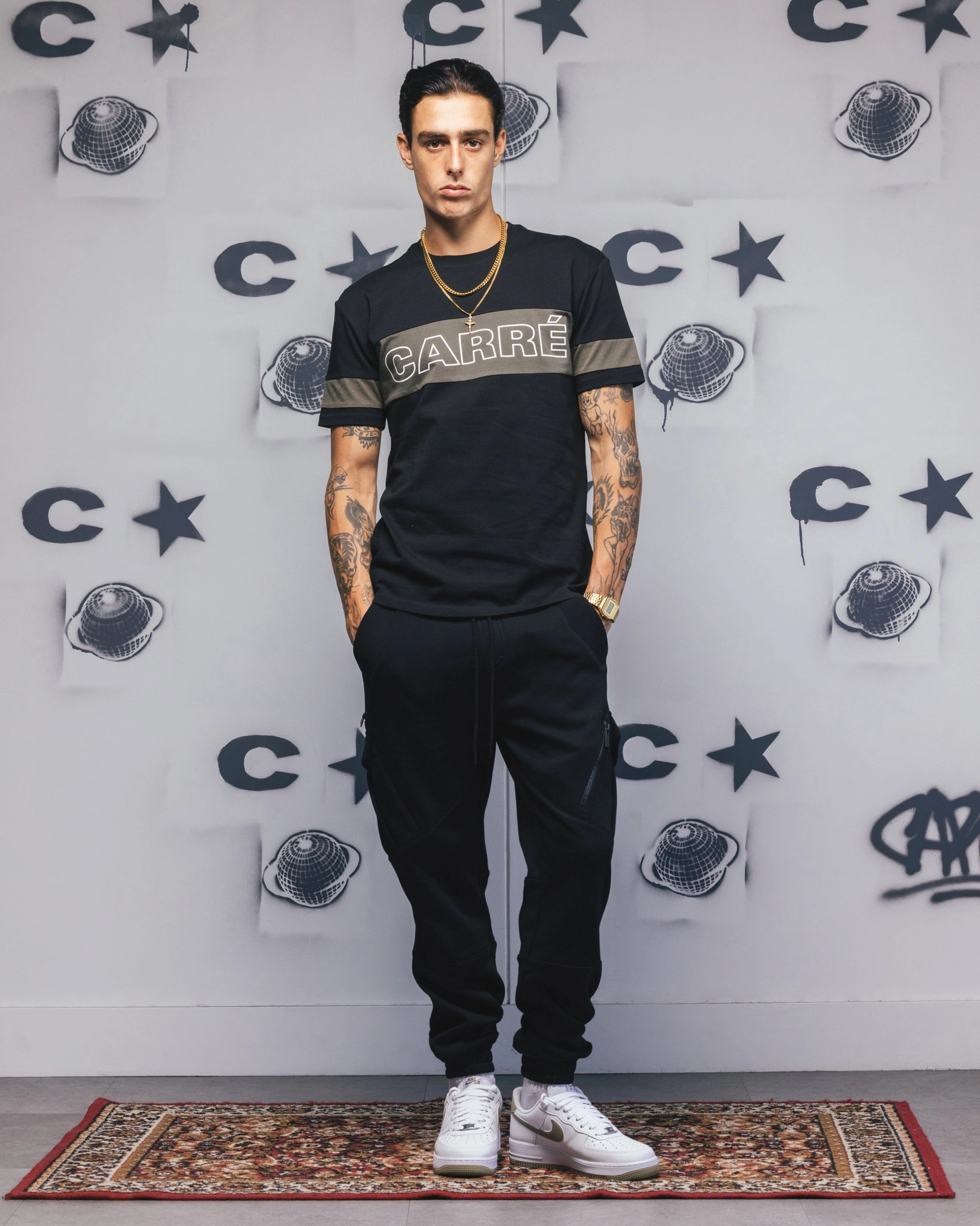 Anti Shrinkage Treatment funky Carre Bars T-Shirt Black/Khaki
