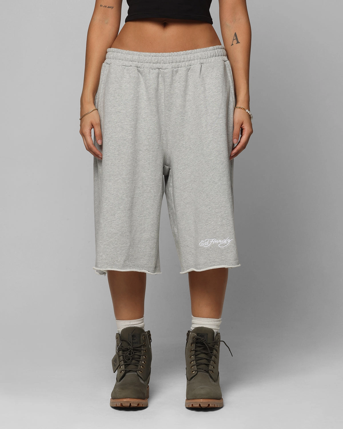 Comfort Fit Layered Hem Detail Ed Hardy Baggy Fleece Shorts Grey Marle