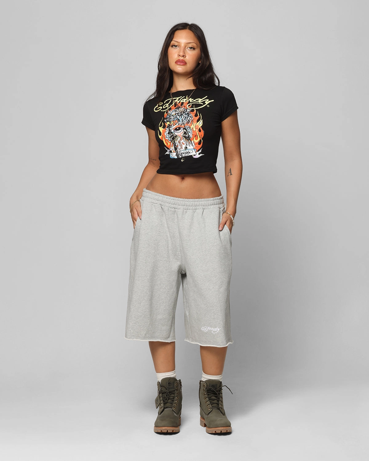 One-of-a-kind Sustainable Manufacturing Ed Hardy Baggy Fleece Shorts Grey Marle