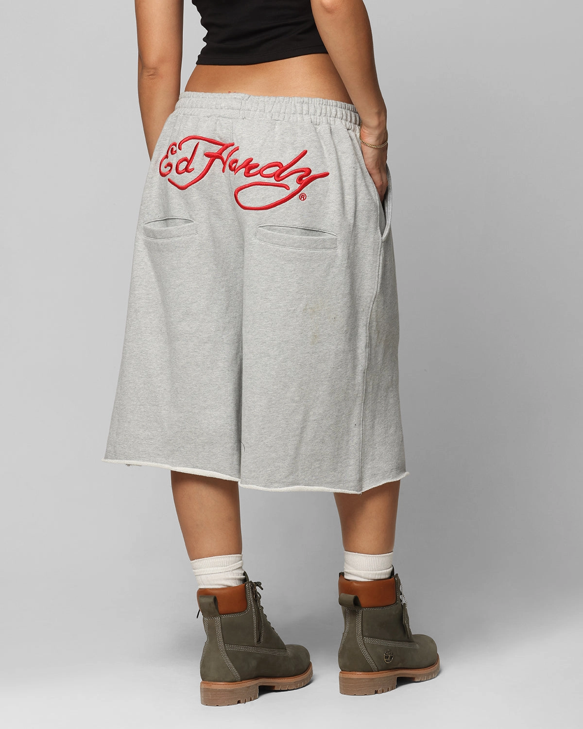 Ed Hardy Baggy Fleece Shorts Grey Marle Layered Look Seamless Waistband