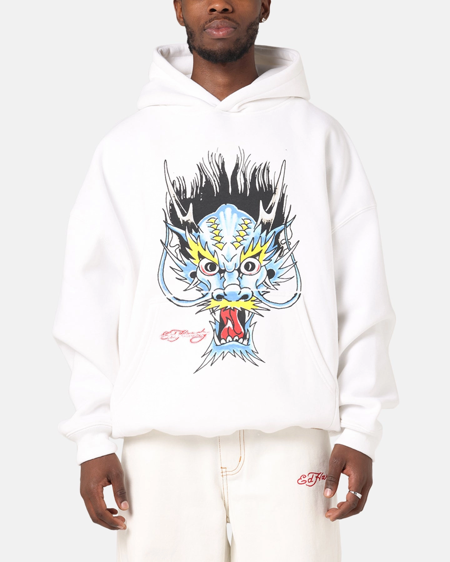 Interactive Minimal Cool Ed Hardy Blue Dragon Hoodie White