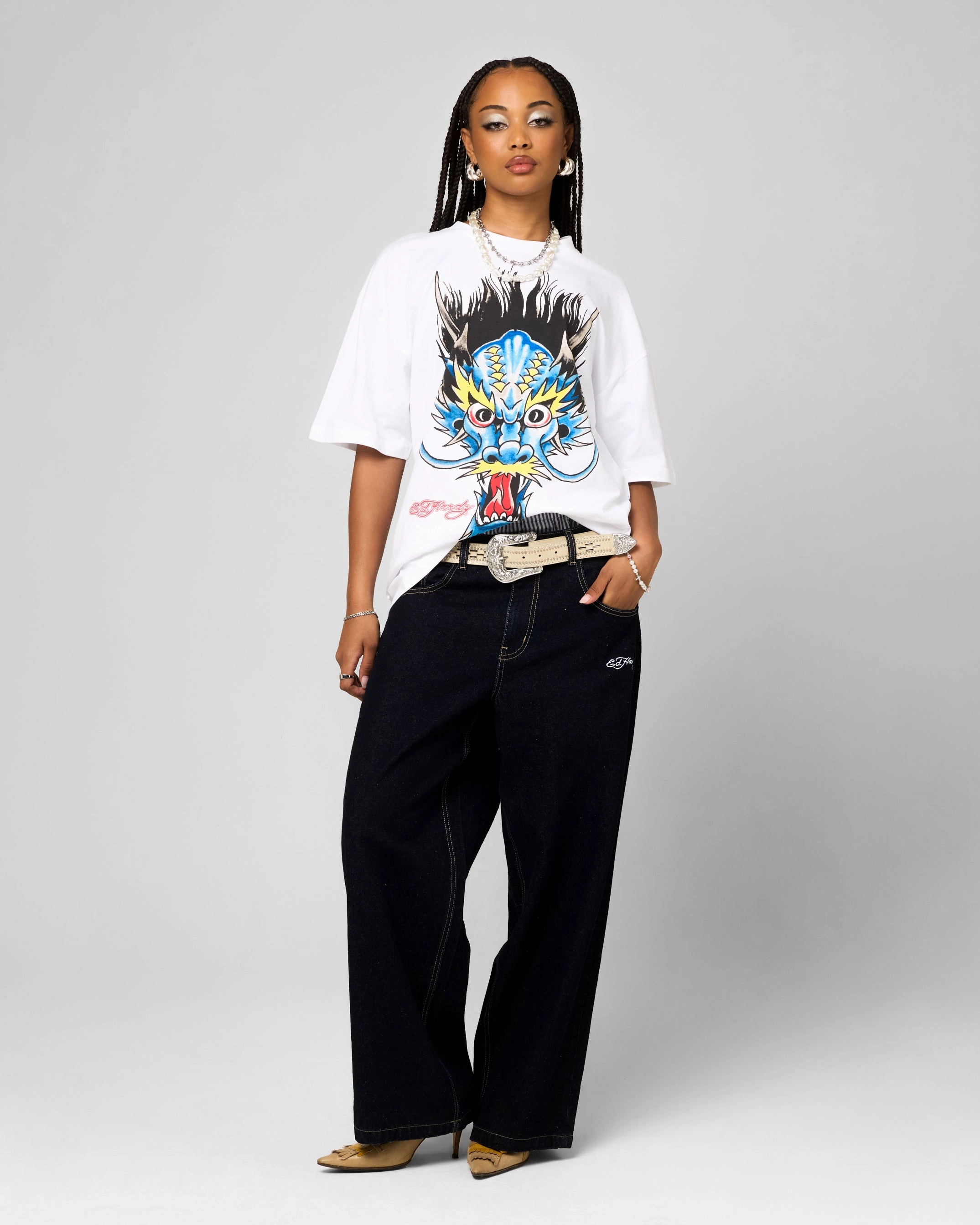 Ed Hardy Blue Dragon T-Shirt White Formal Occasion