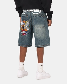 Ed Hardy Brave Hearts Jorts Washed Indigo Fitness Ready Sport Fit