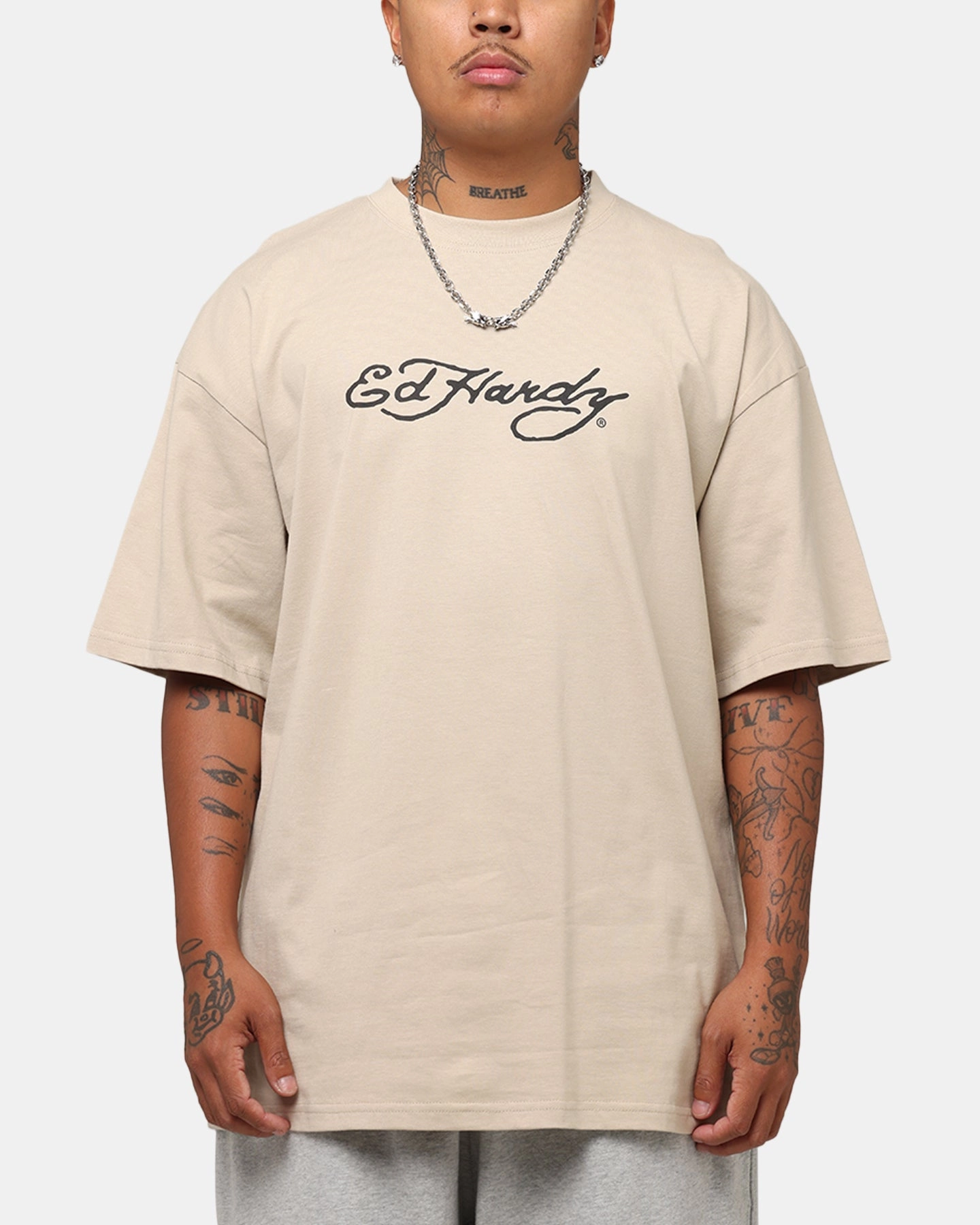 DoubleStitchedHem Ed Hardy Bulldog T-Shirt Stone