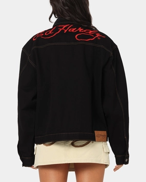 Ed Hardy Coach Denim Jacket Black Ribbed Knit Cuffs Utility Focus
