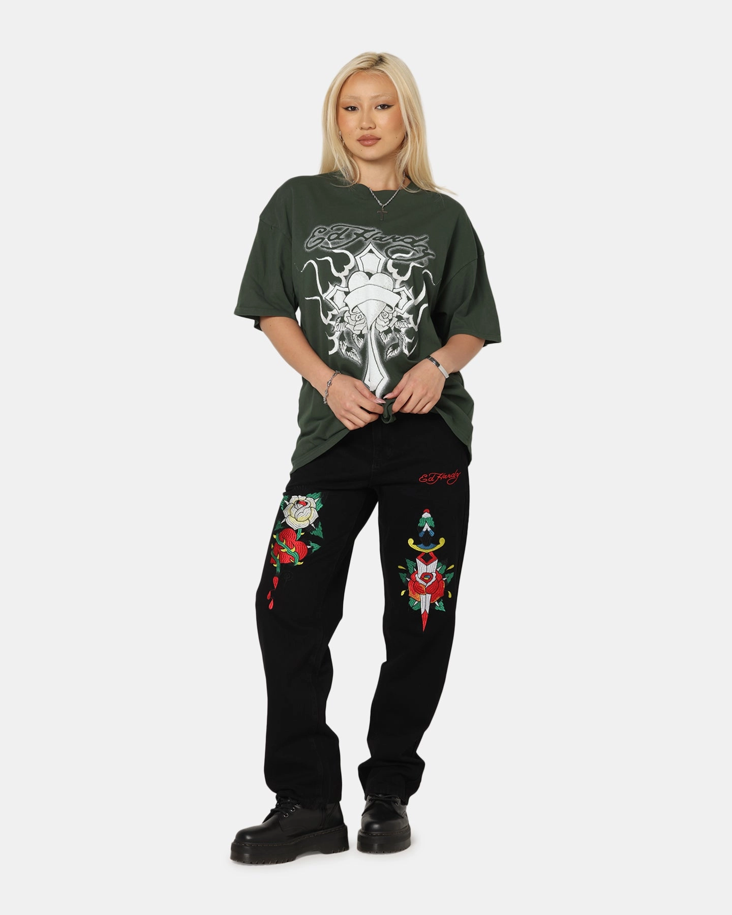Ed Hardy Cross My Heart T-Shirt Pine Green LowImpactDye Chic Comfort Wear