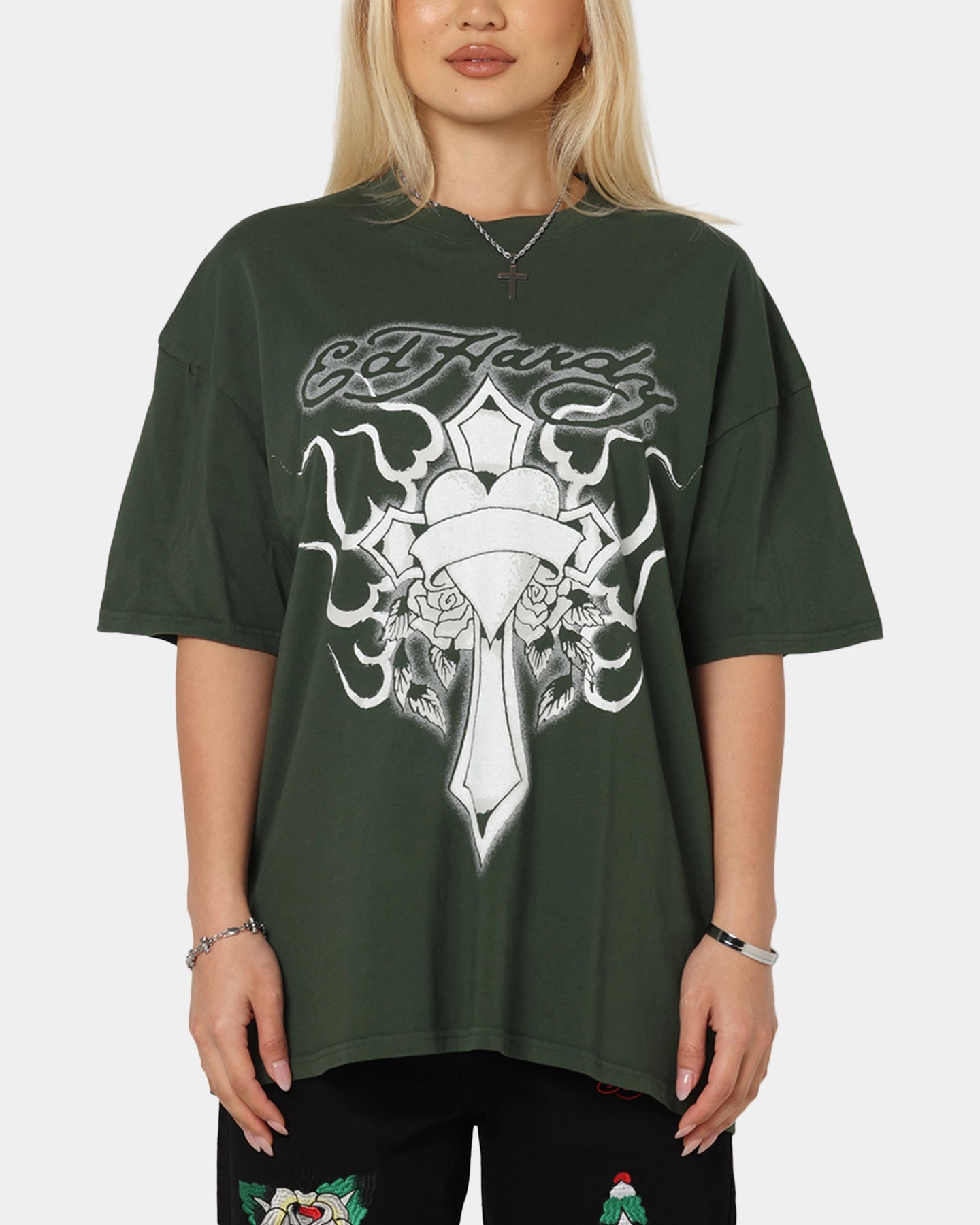 Ed Hardy Cross My Heart T-Shirt Pine Green Classic Fit anti static
