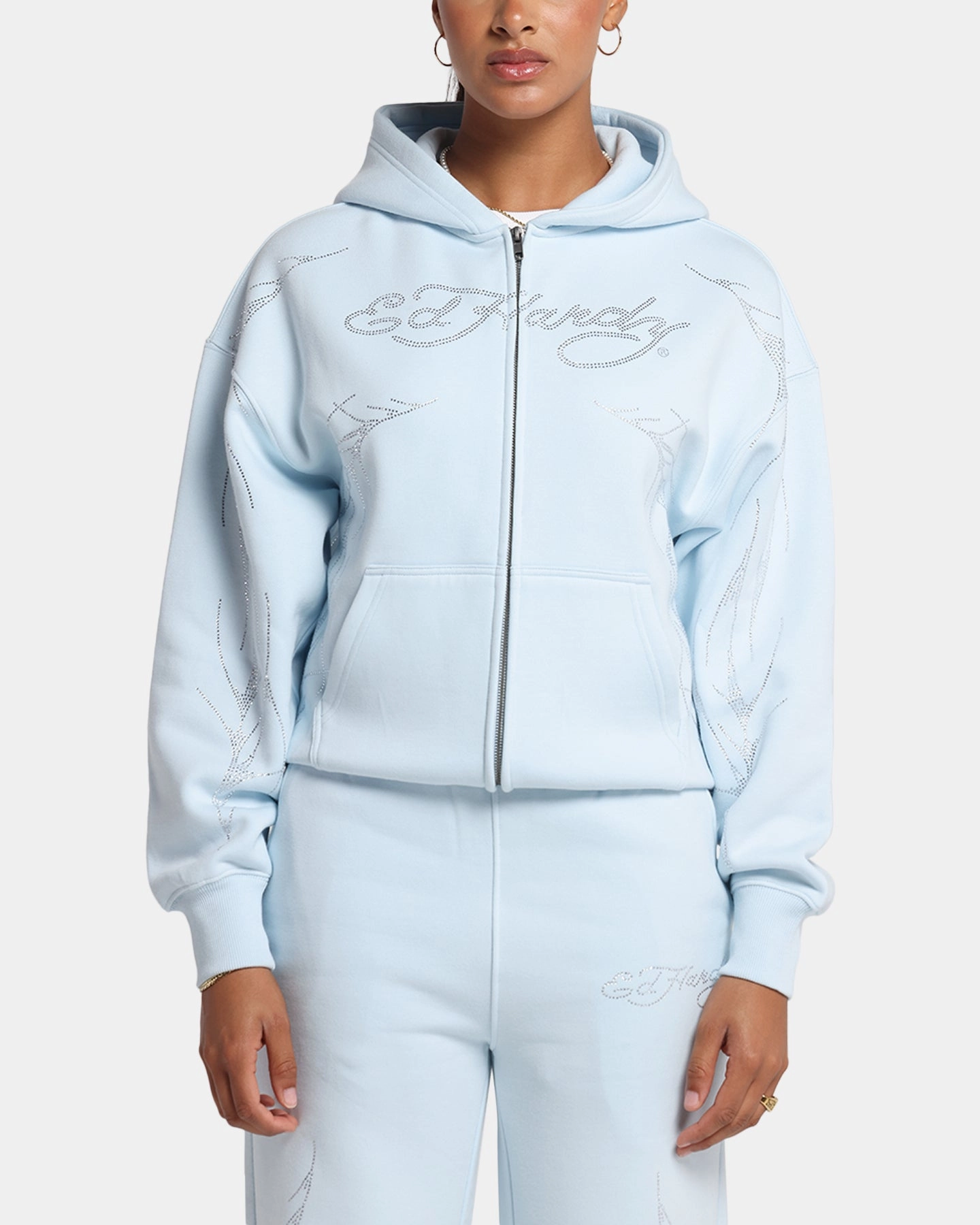 Ed Hardy Cyber Rhinestone Zip-Up Hoodie Light Blue Ergonomic Paneling Hooded Storage Compartment