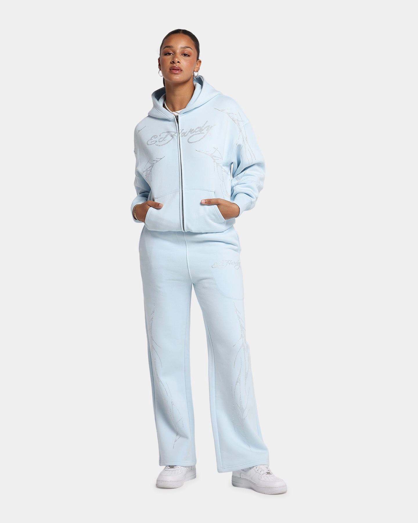 Ed Hardy Cyber Rhinestone Zip-Up Hoodie Light Blue Convertible Collar