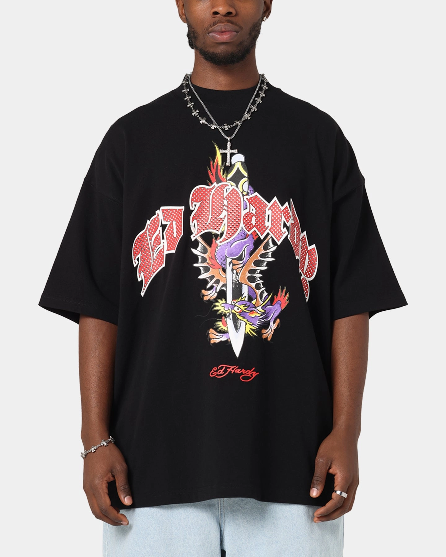 Ed Hardy Dagger Rhinestone Crop T-Shirt Black Stylish Look
