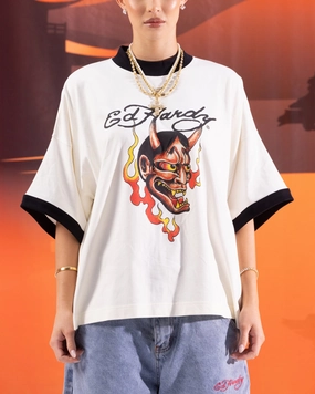 Ed Hardy Devil Ringer T-Shirt Off White Stylish Day Wear