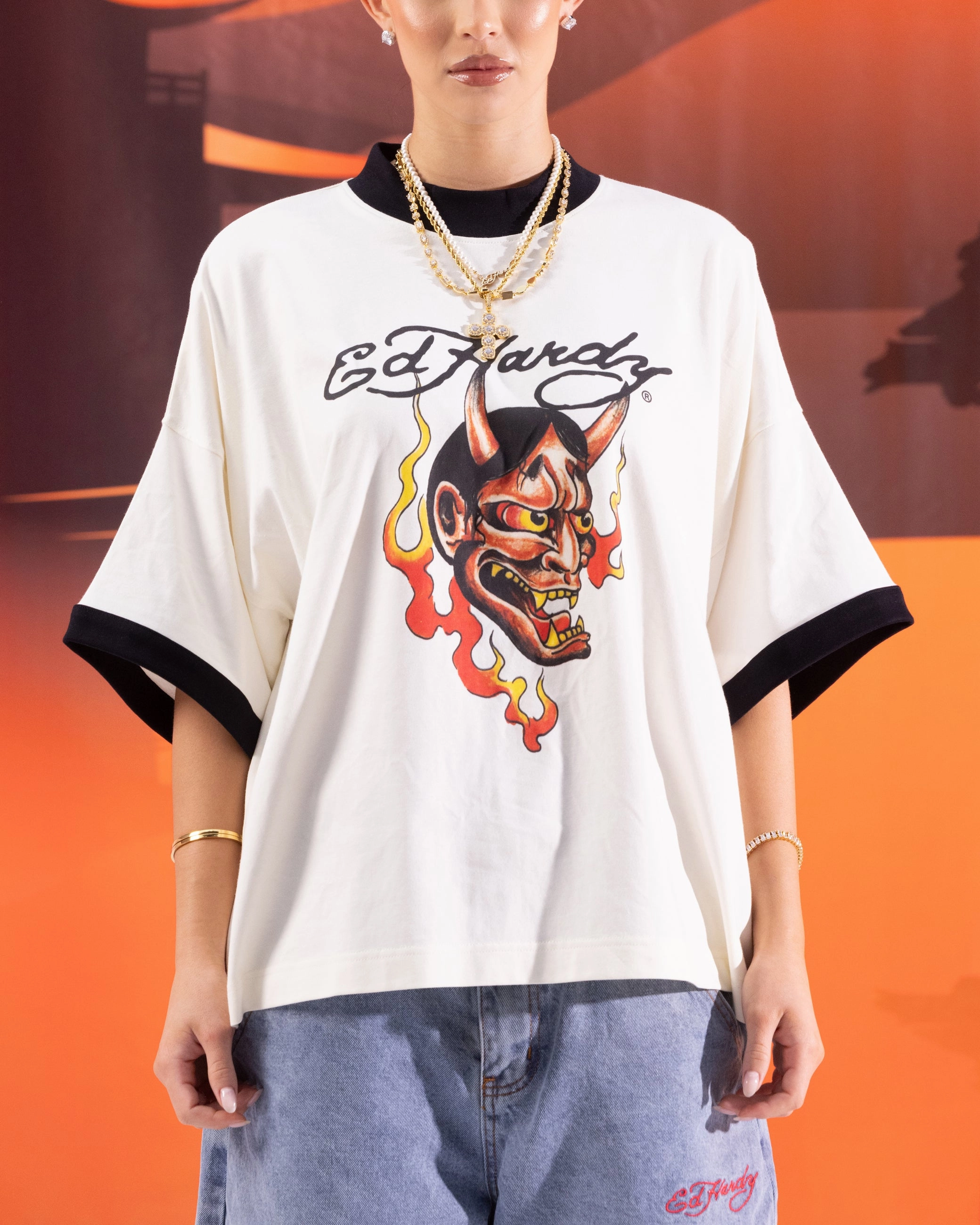 Ed Hardy Devil Ringer T-Shirt Off White Stylish Day Wear