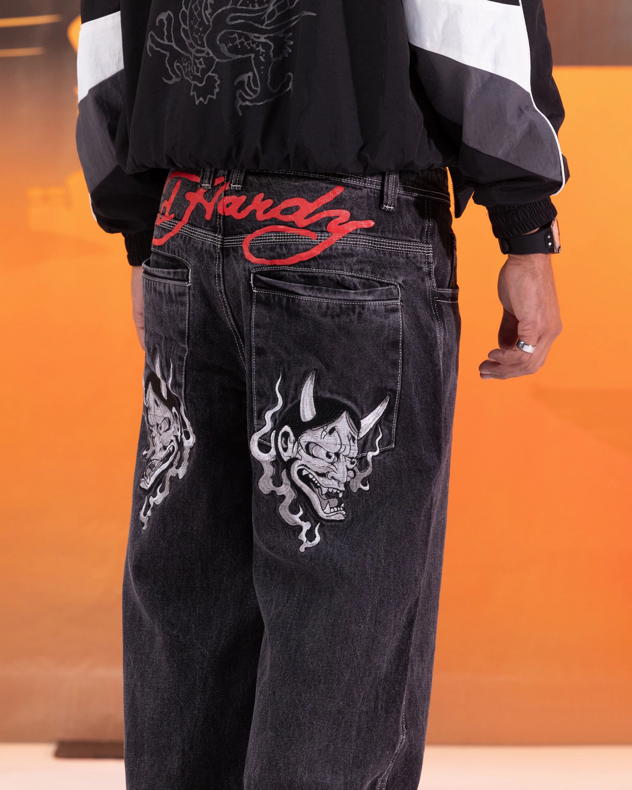 Ed Hardy Devil Wide Leg Denim Jeans Black Travel Outfit Professional Wear Seasonal Wardrobe