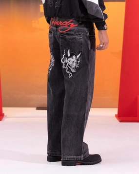 Ed Hardy Devil Wide Leg Denim Jeans Black Unisex Look