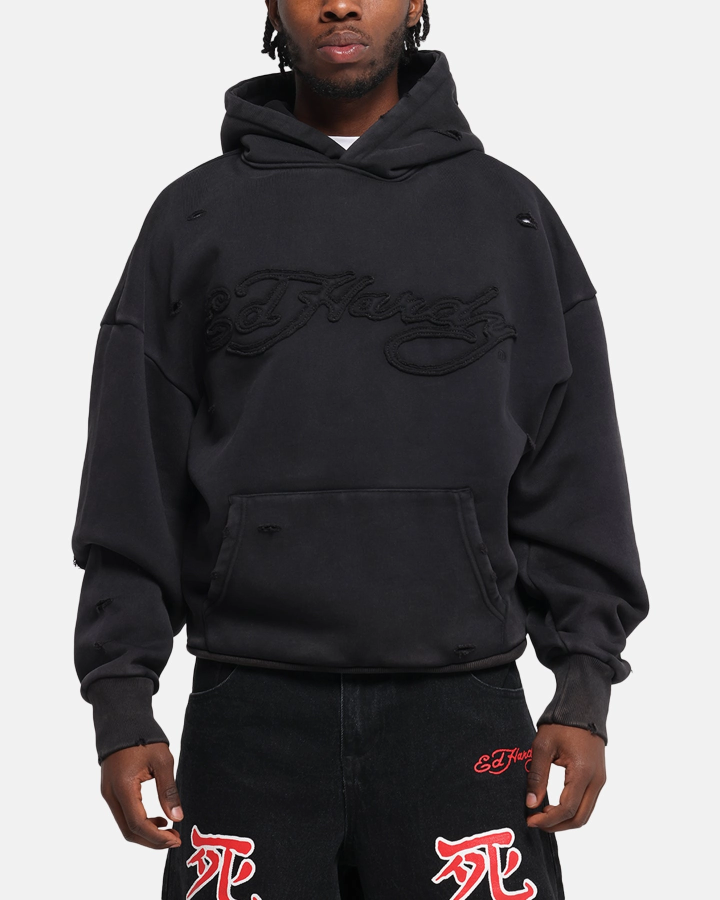 export Minimal Smooth Ed Hardy Distressed Hoodie Washed Black