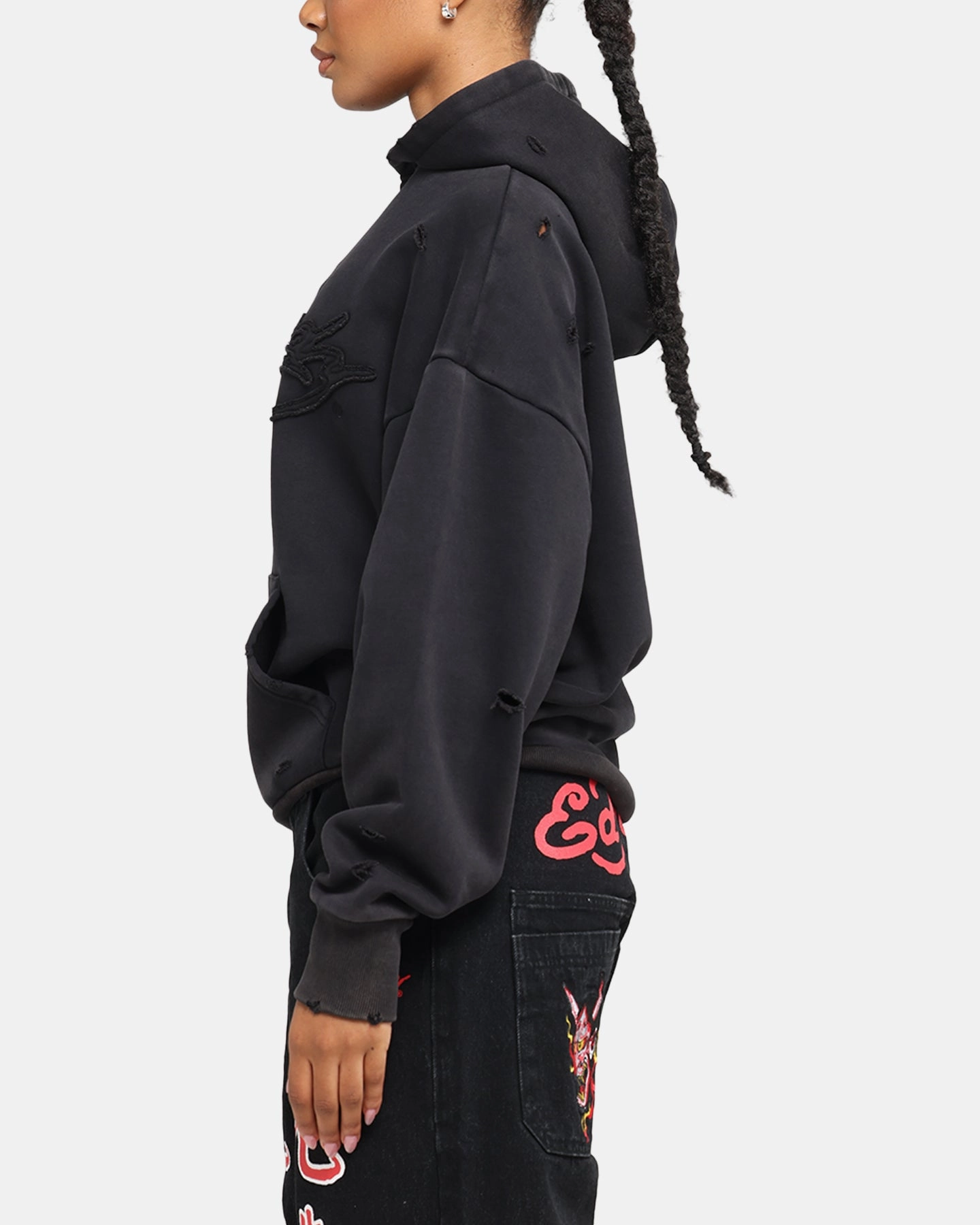 Ed Hardy Distressed Hoodie Washed Black Soft Texture