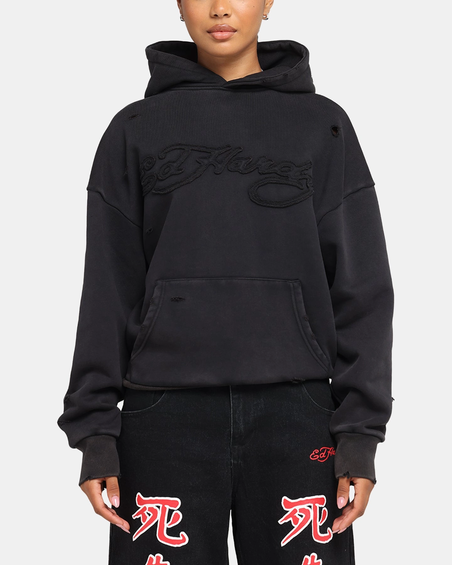 Ed Hardy Distressed Hoodie Washed Black Stylish