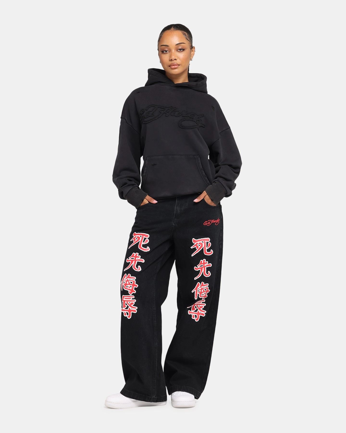 Ed Hardy Distressed Hoodie Washed Black Practical Comfort