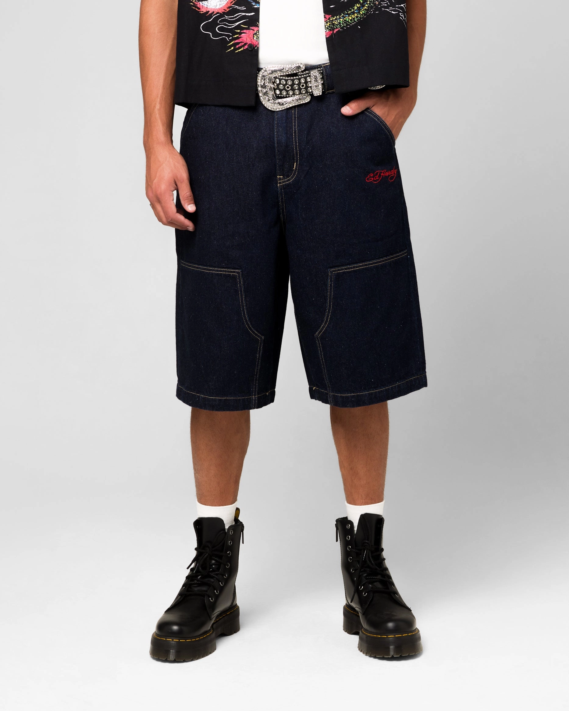 All Day Comfort Fit Ed Hardy Dragon Jorts Indigo