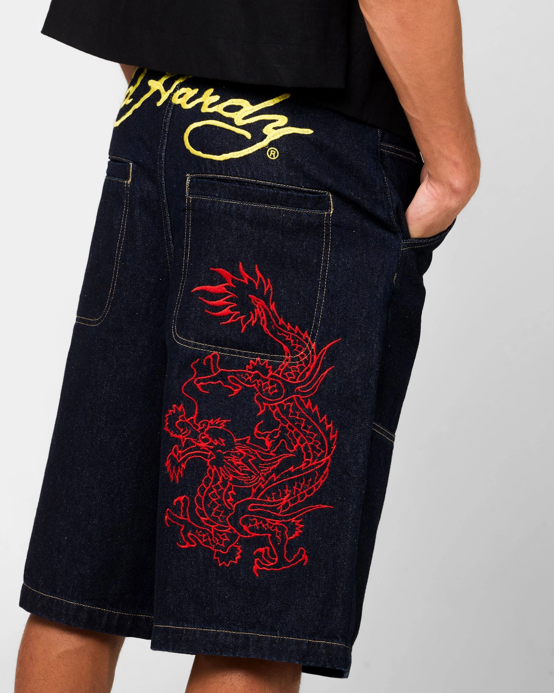 Budget - friendly Sweat Wicking Technology Ed Hardy Dragon Jorts Indigo