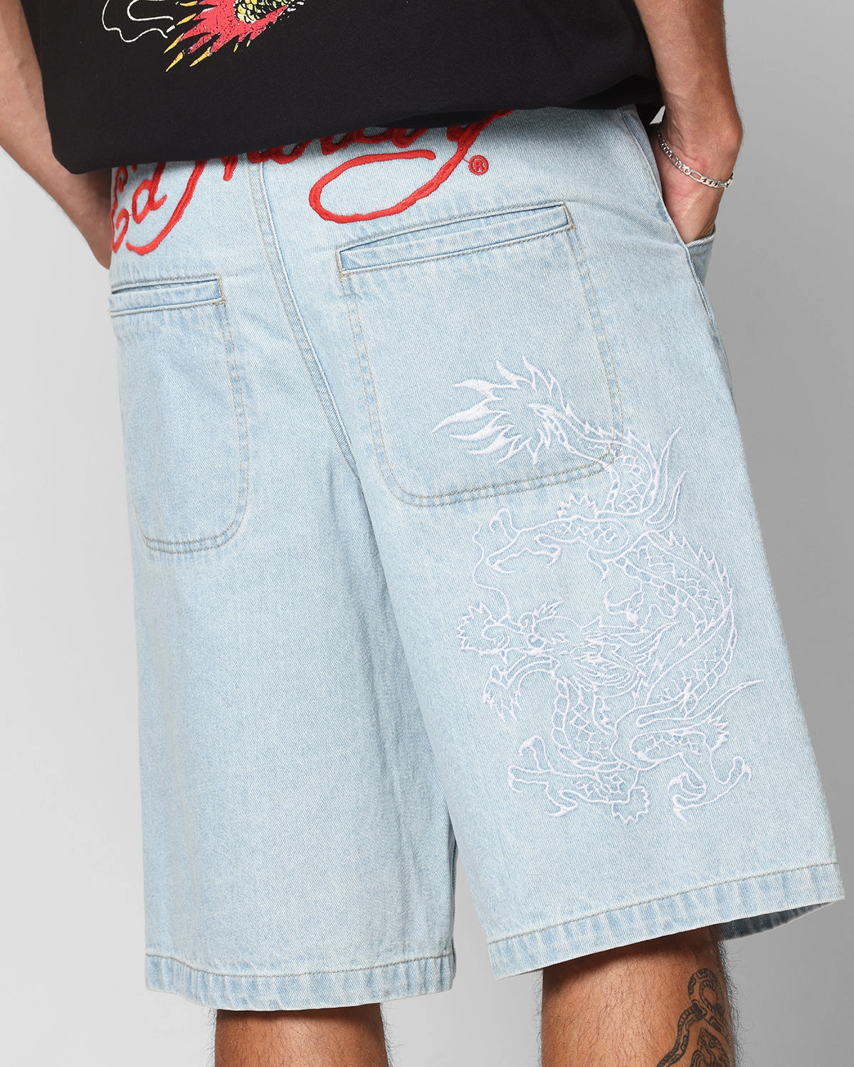 Cross Ventilation Channels Ed Hardy Dragon Jorts Light Blue