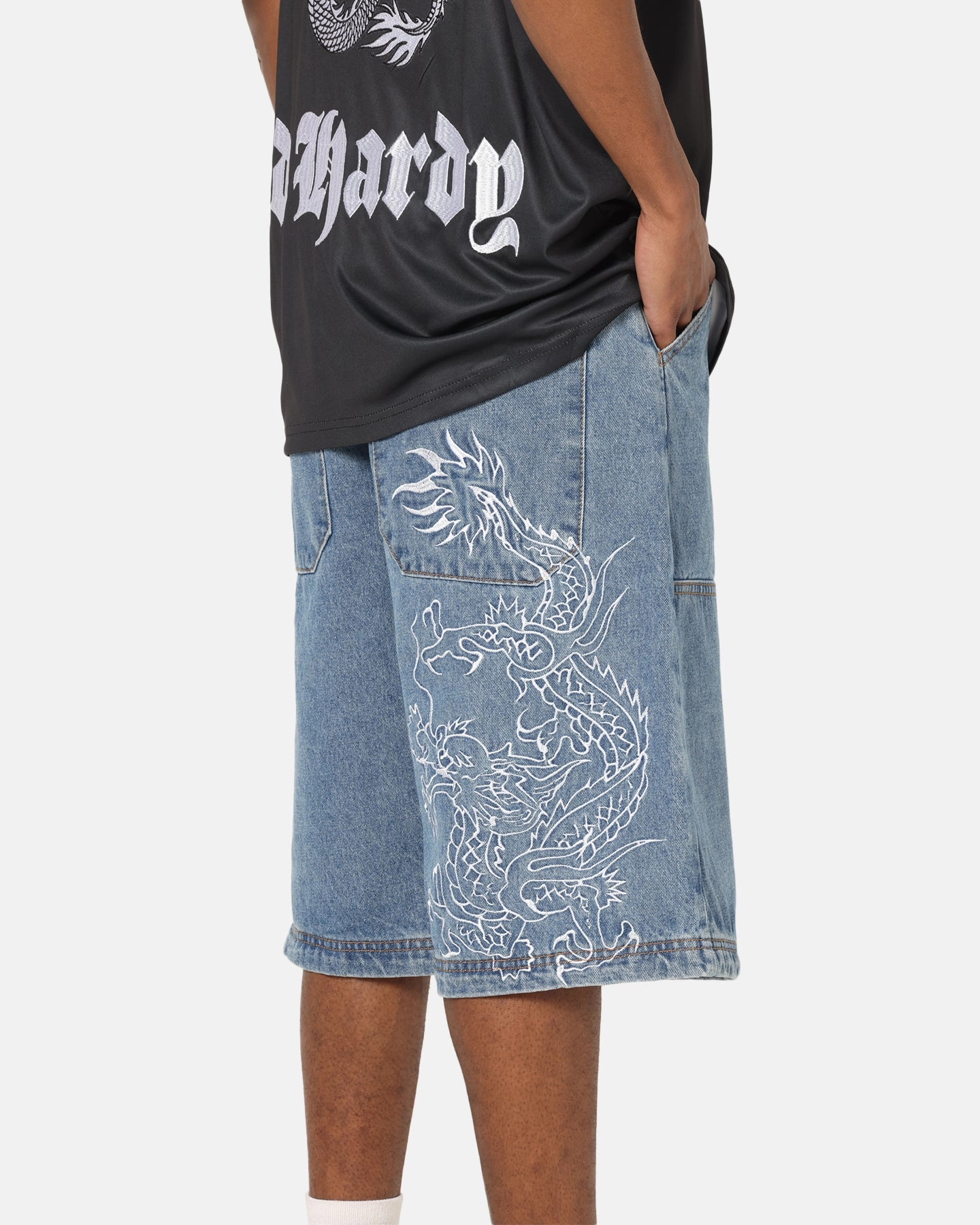 tropical style Versatile Wear Ed Hardy Dragon Jorts Mid Blue Denim