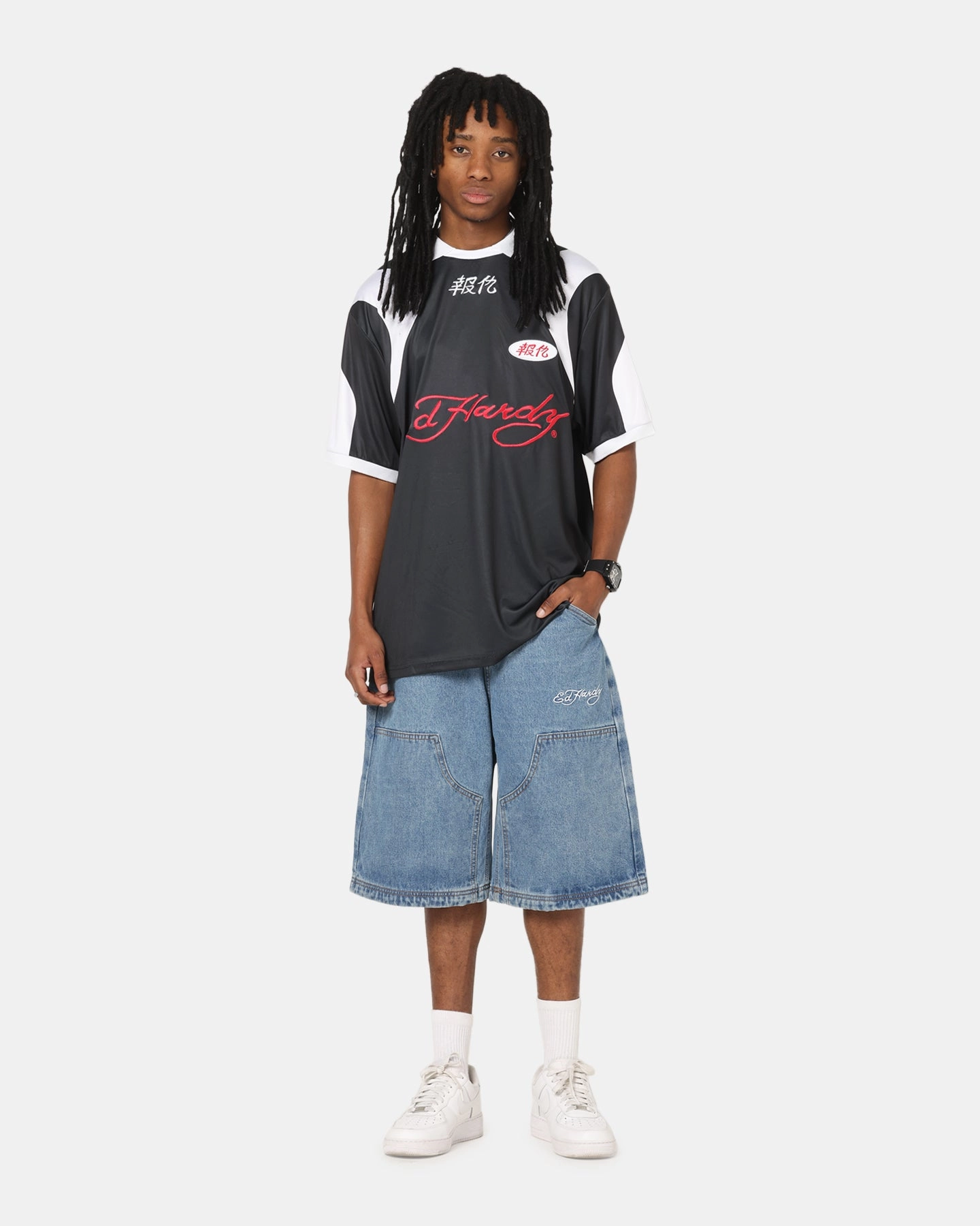 Ed Hardy Dragon Jorts Mid Blue Denim Double Layered Panels