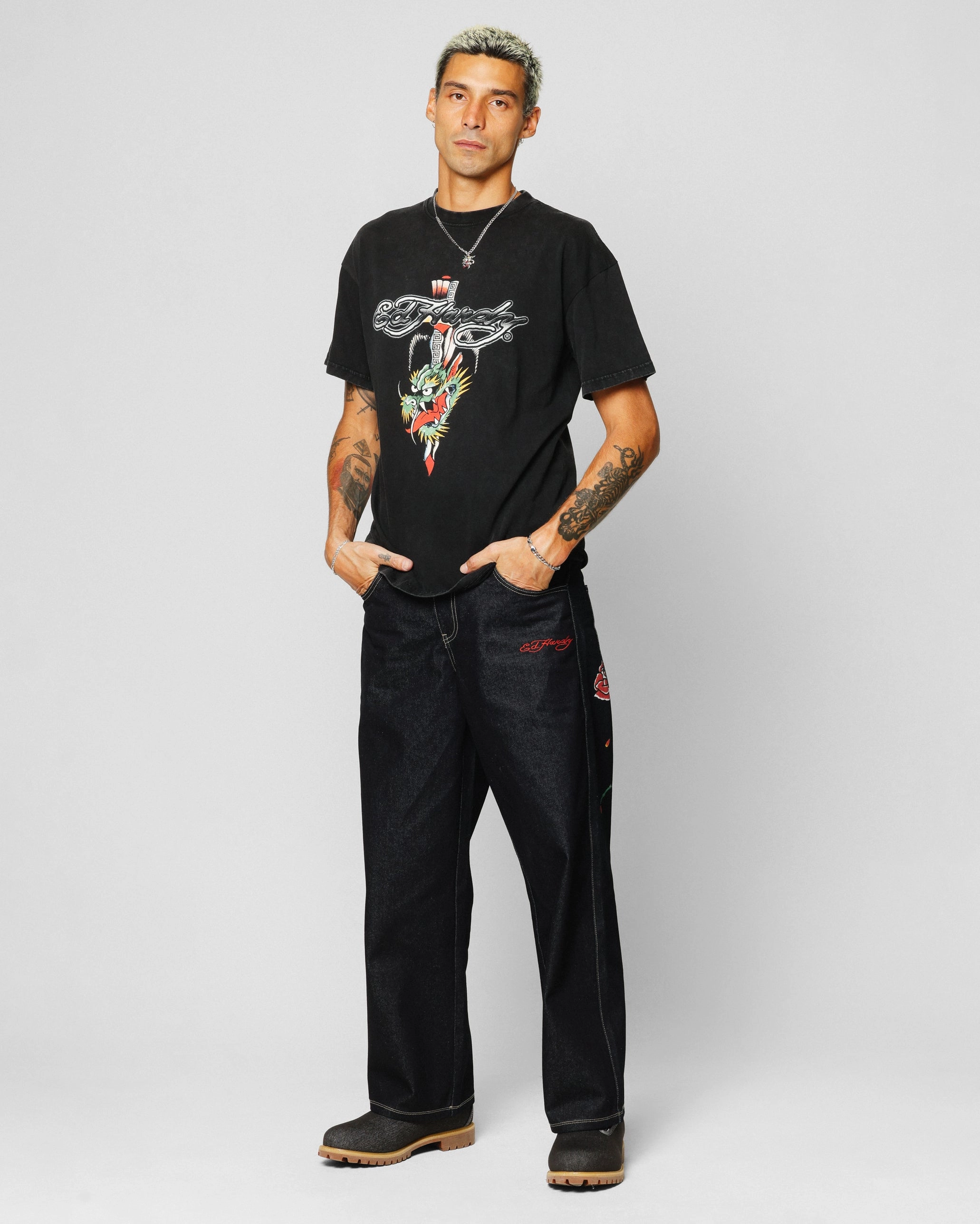 Cool Layering Ed Hardy Dragon Logo T-Shirt Black Acidwash