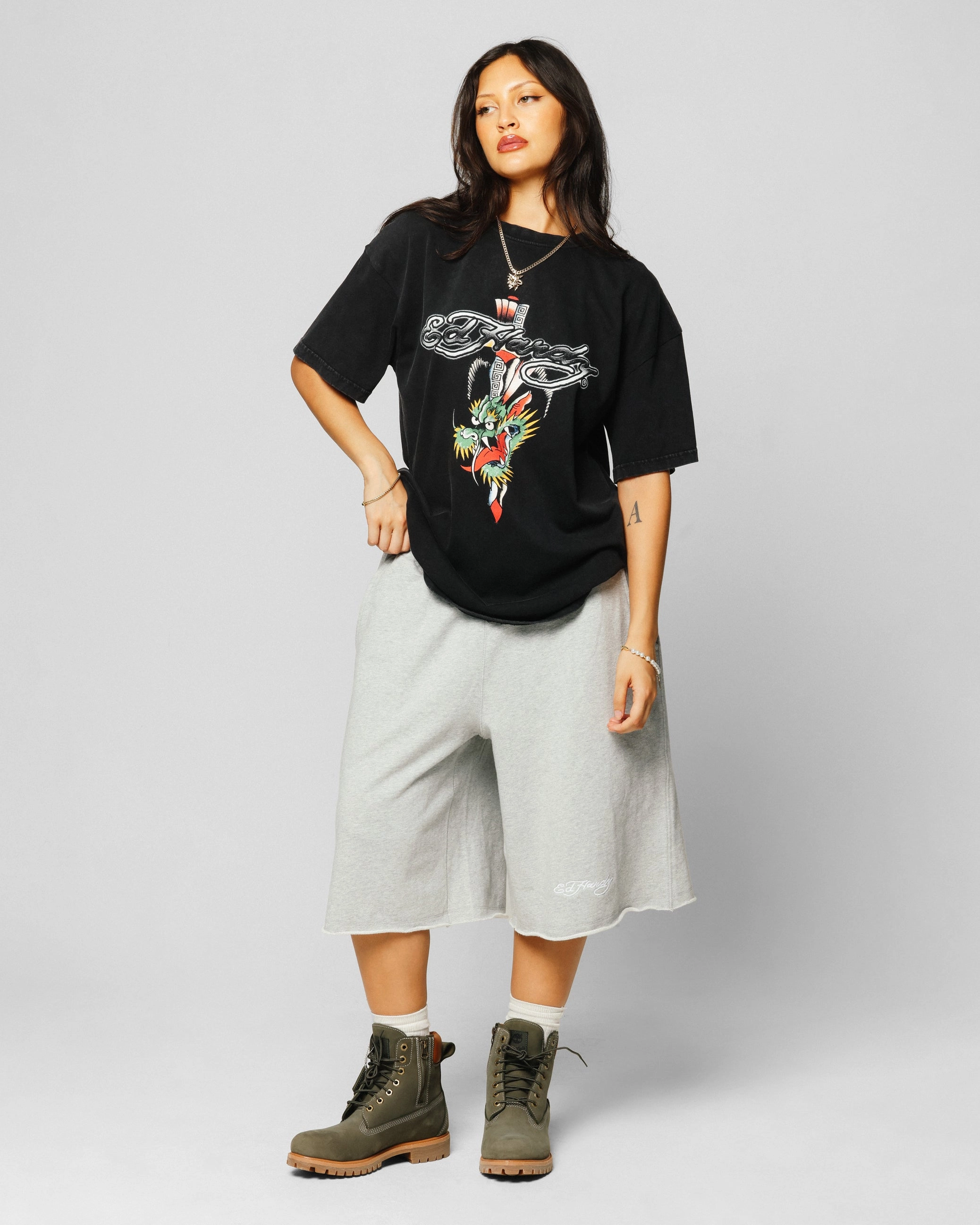 Ed Hardy Dragon Logo T-Shirt Black Acidwash NoSideSeams right size