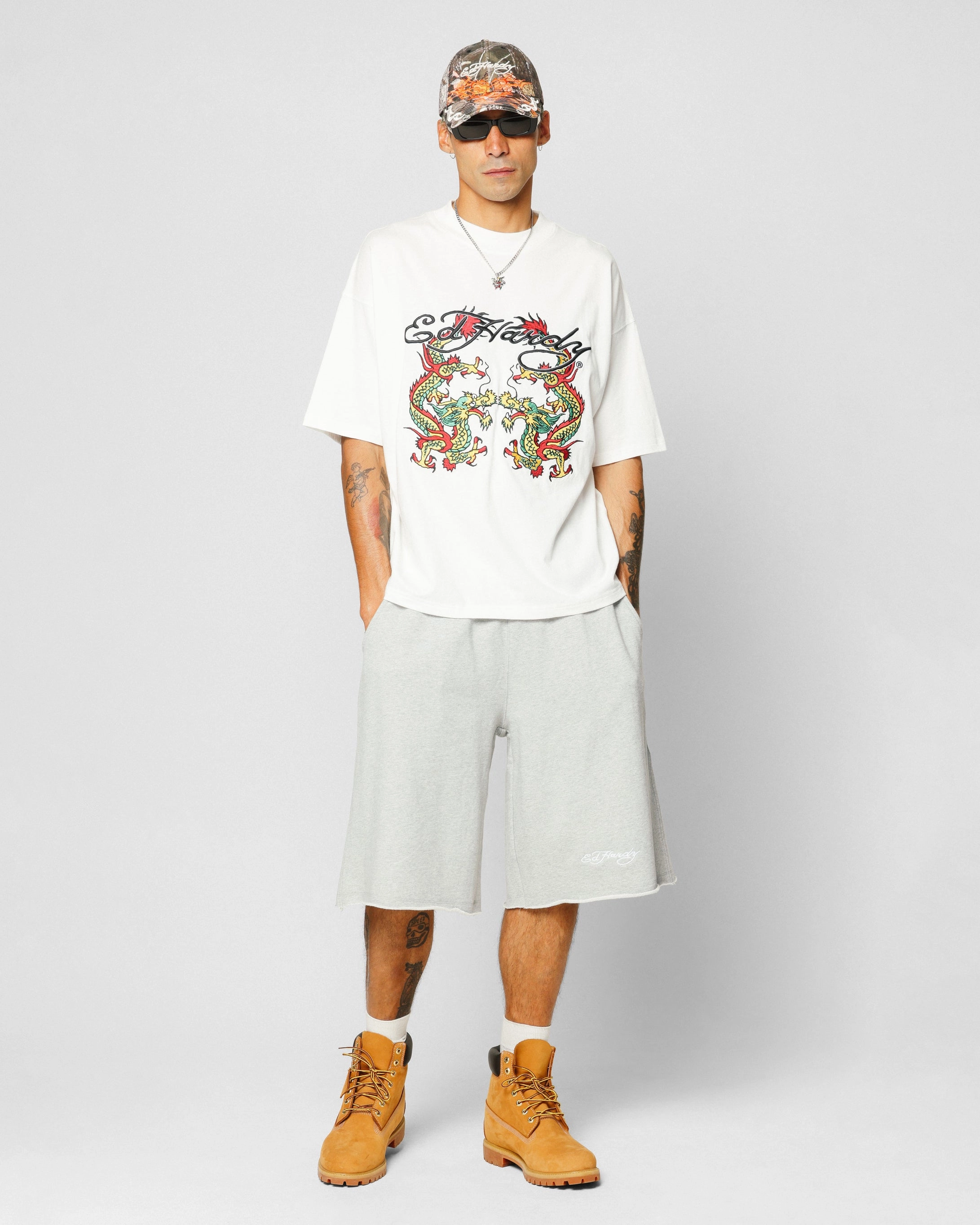 Ed Hardy Dragon Oversized T-Shirt Off White Stretchable Collar Band