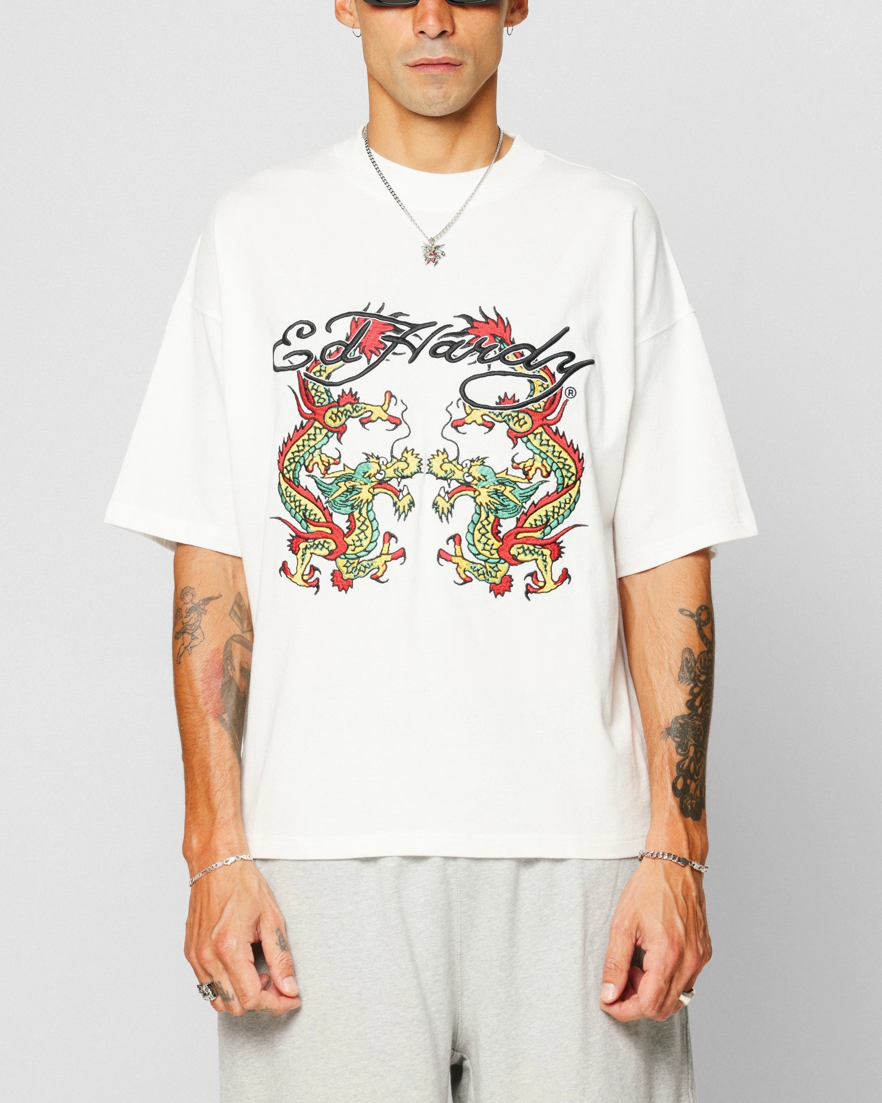 Ed Hardy Dragon Oversized T-Shirt Off White teenagers'