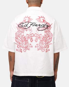 Micro Perforated Texture Ed Hardy Dragon Zip Shirt Off White