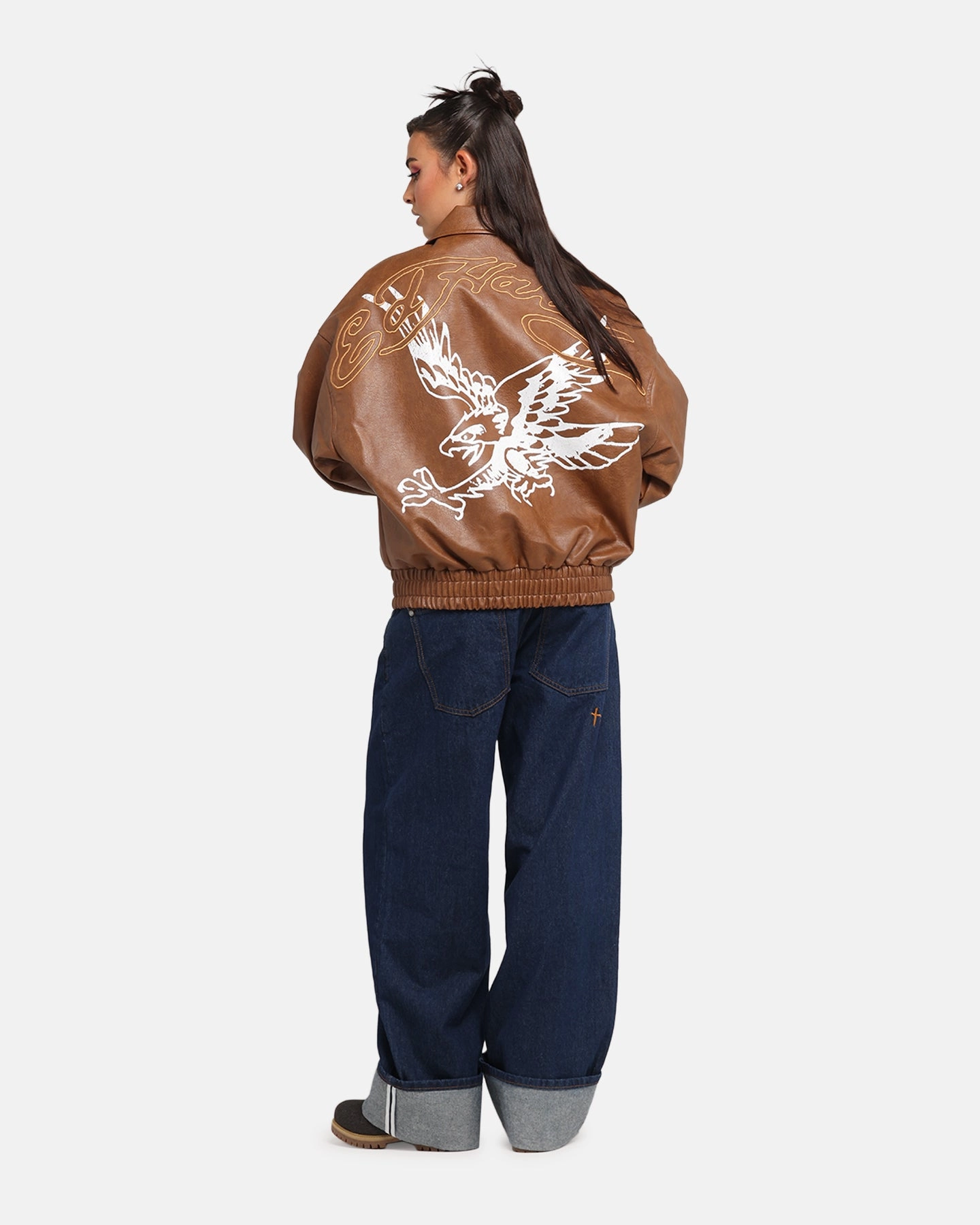 Statement Bonded Shoulder Guards Ed Hardy Eagle Jacket Brown