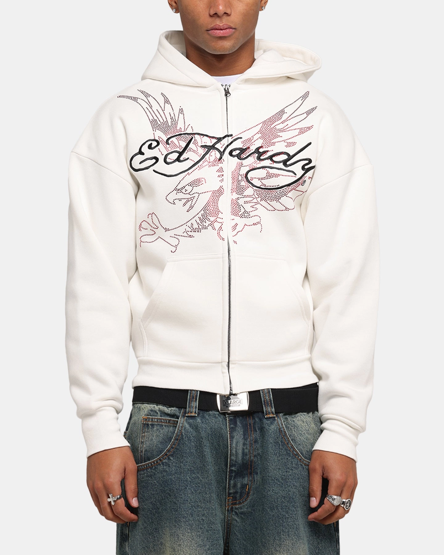 Ed Hardy Eagle Rhinestone Zip Hoodie Off White suitable for miners seaborne