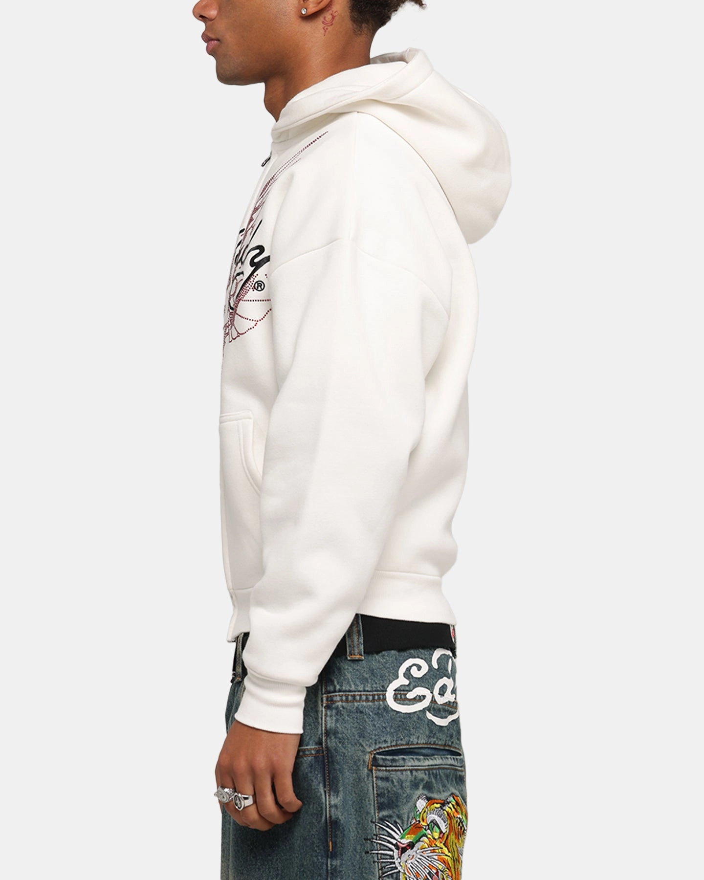 Flexible Shoulder Design Ed Hardy Eagle Rhinestone Zip Hoodie Off White