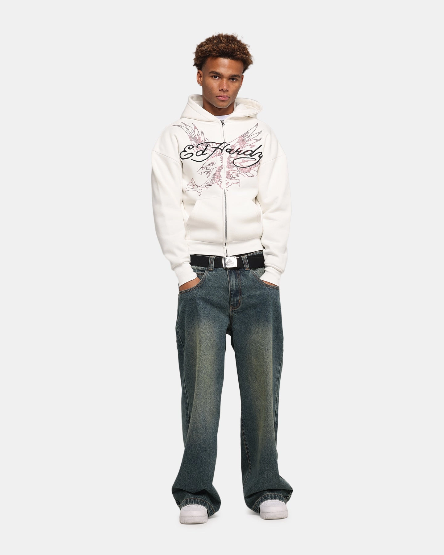 Ed Hardy Eagle Rhinestone Zip Hoodie Off White wrinkle free easy to install