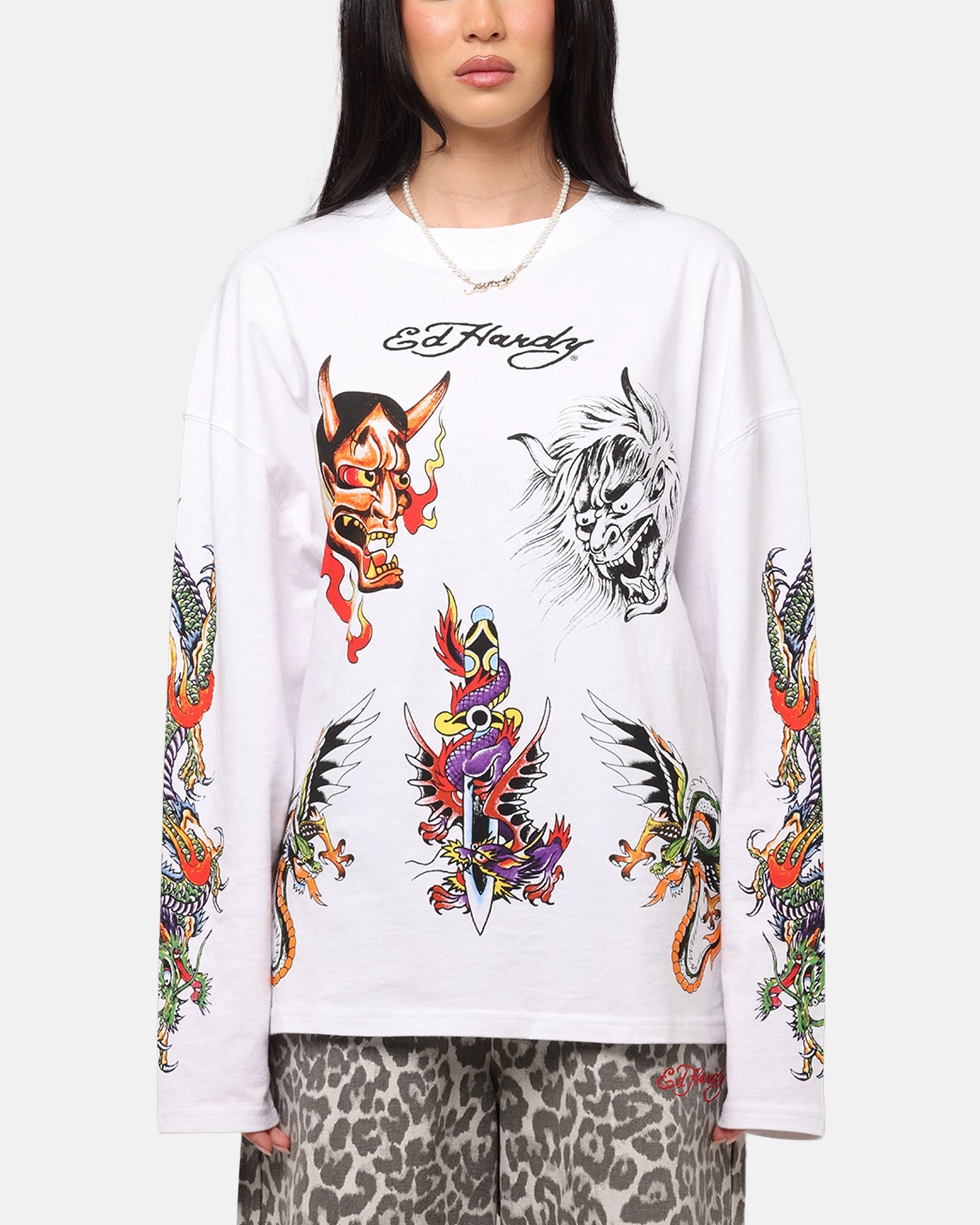 Ed Hardy Ed's Tattooing Long Sleeve T-Shirt Off White Basic Layering