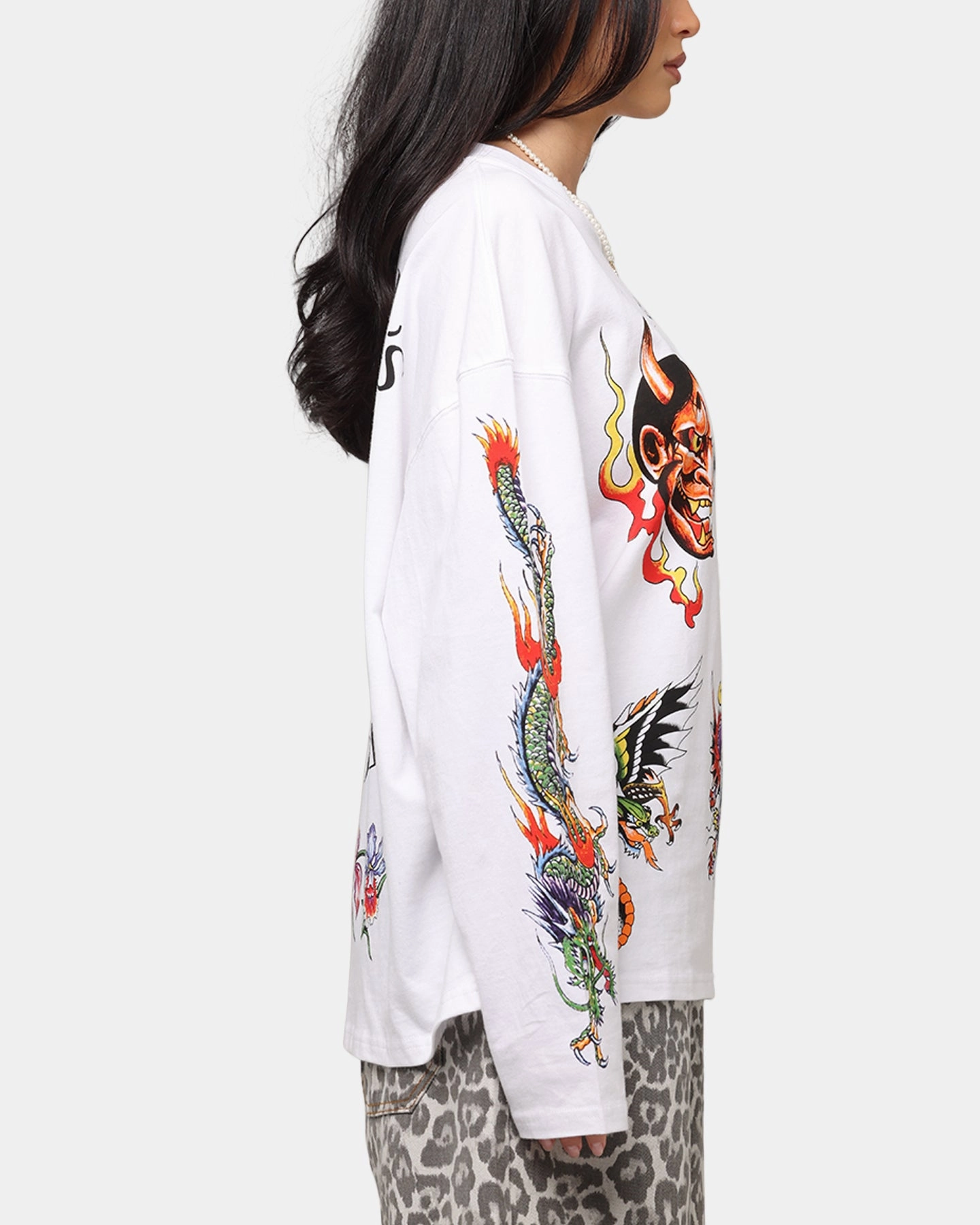 Ed Hardy Ed's Tattooing Long Sleeve T-Shirt Off White Abstract print Ribbed Collar Trim