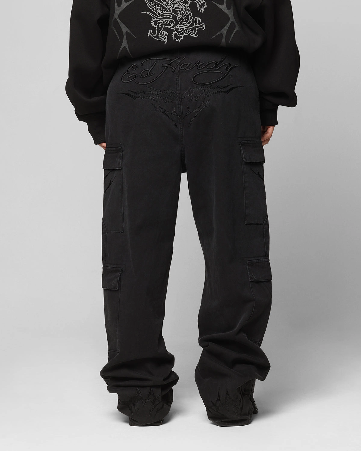 Ed Hardy Electric Cargo Pants Washed Black Water Resistant Relaxed Wear