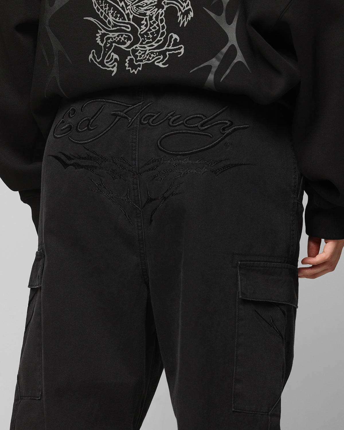 Basic Utility Ed Hardy Electric Cargo Pants Washed Black
