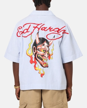 Ed Hardy Flame Stripe Button Up Shirt Blue Pin Stripe Mesh Insert