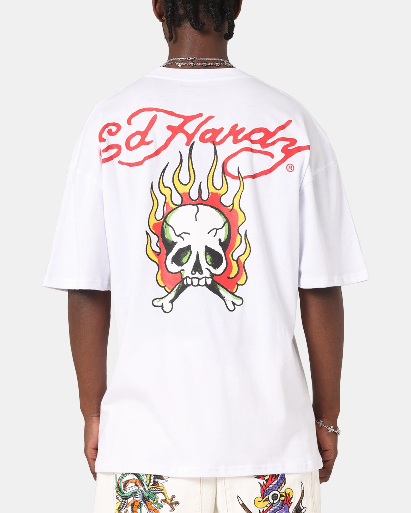 Ed Hardy Flaming Skull T-Shirt White Layering Options Comfortable All Day Wear