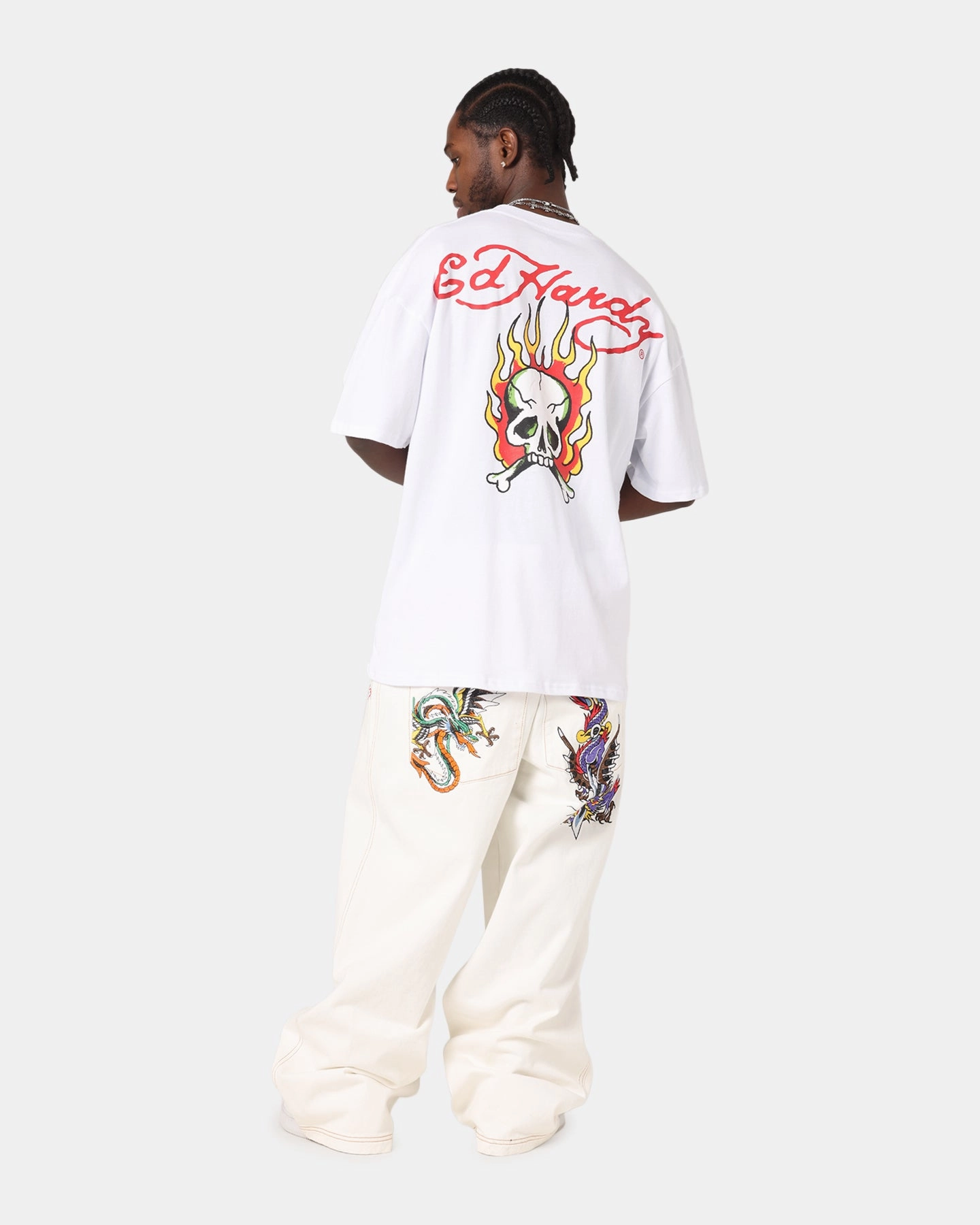 Ed Hardy Flaming Skull T-Shirt White Business Meeting Relaxed Wear