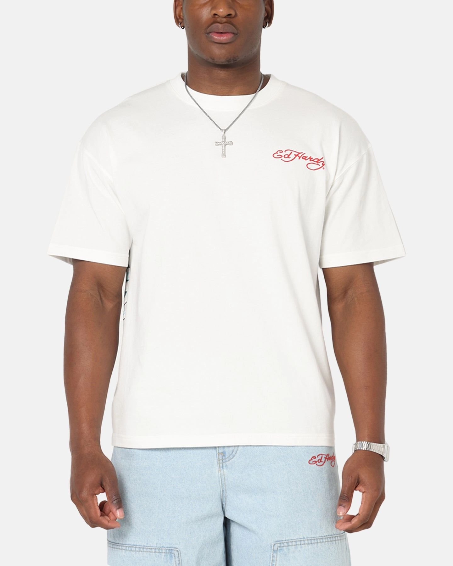 Raw Hem Finish Durable Ribbed Hem Ed Hardy Flash Koi T-Shirt Off White