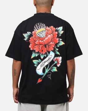 Ed Hardy Flourish Script T-Shirt Black Raw Hem Finish Lightweight Layer