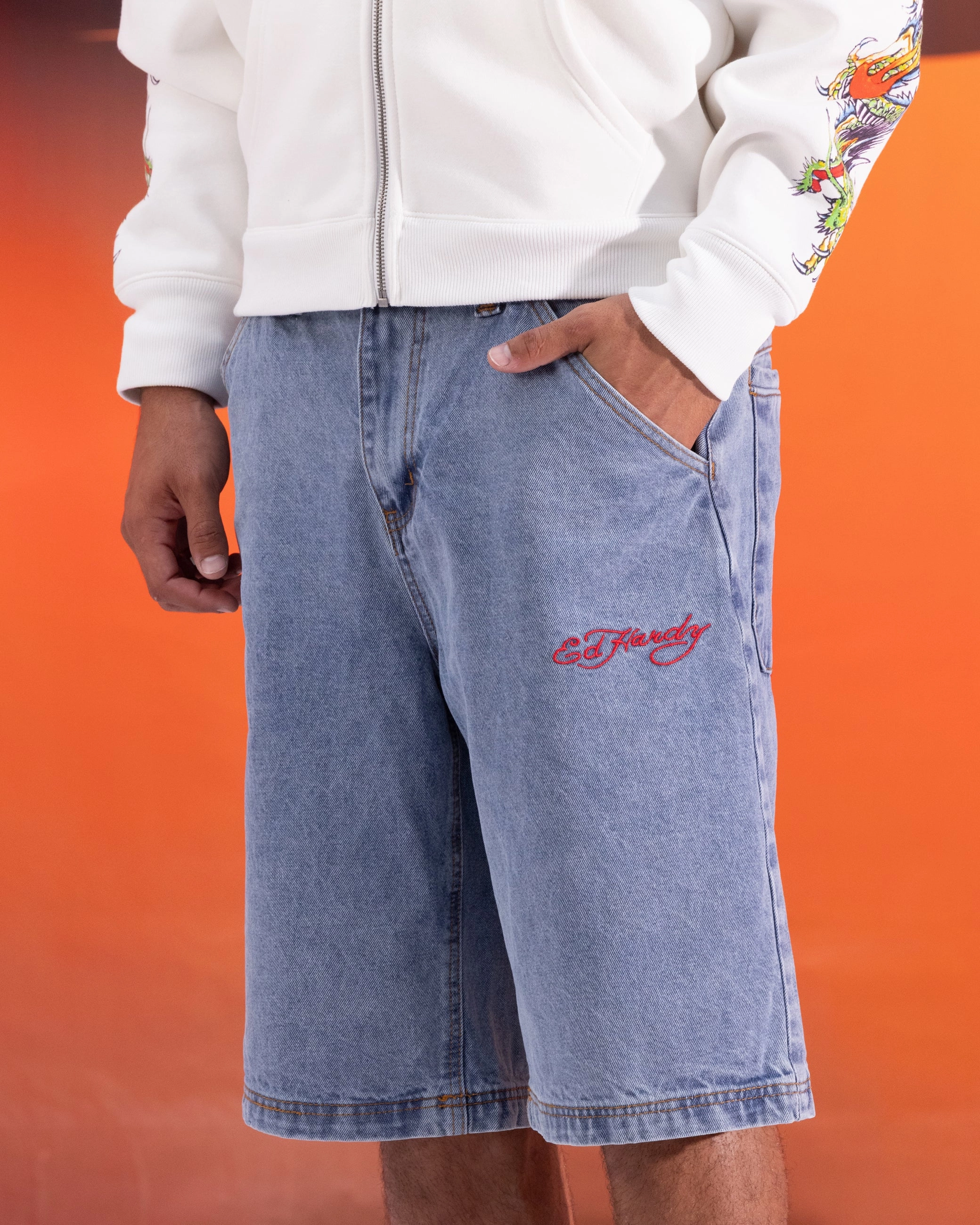 Water resistant coating Functional Fit Ed Hardy Geisha Jorts Light Wash Blue