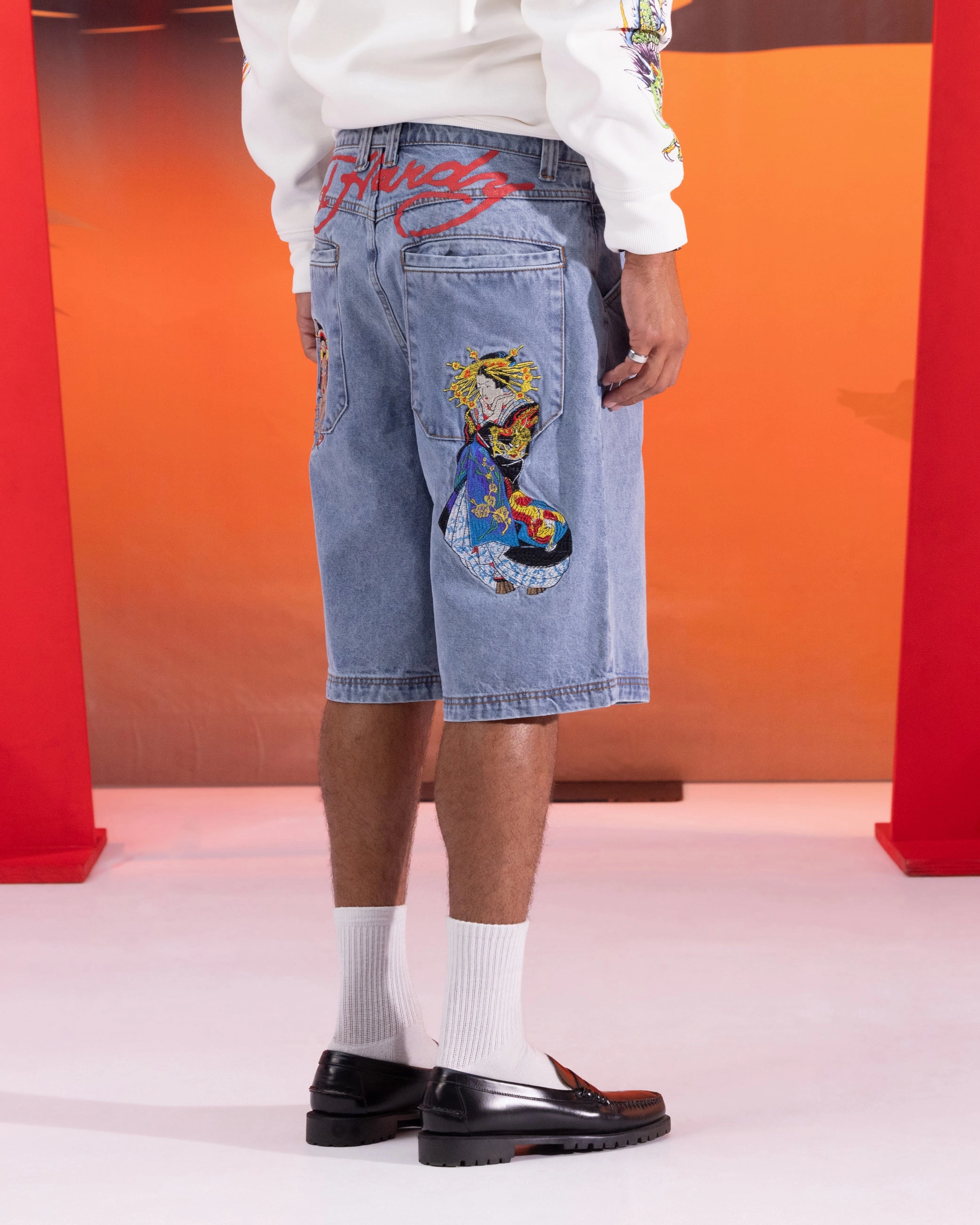 Non Irritating Tagless Low Profile Waistband Ed Hardy Geisha Jorts Light Wash Blue