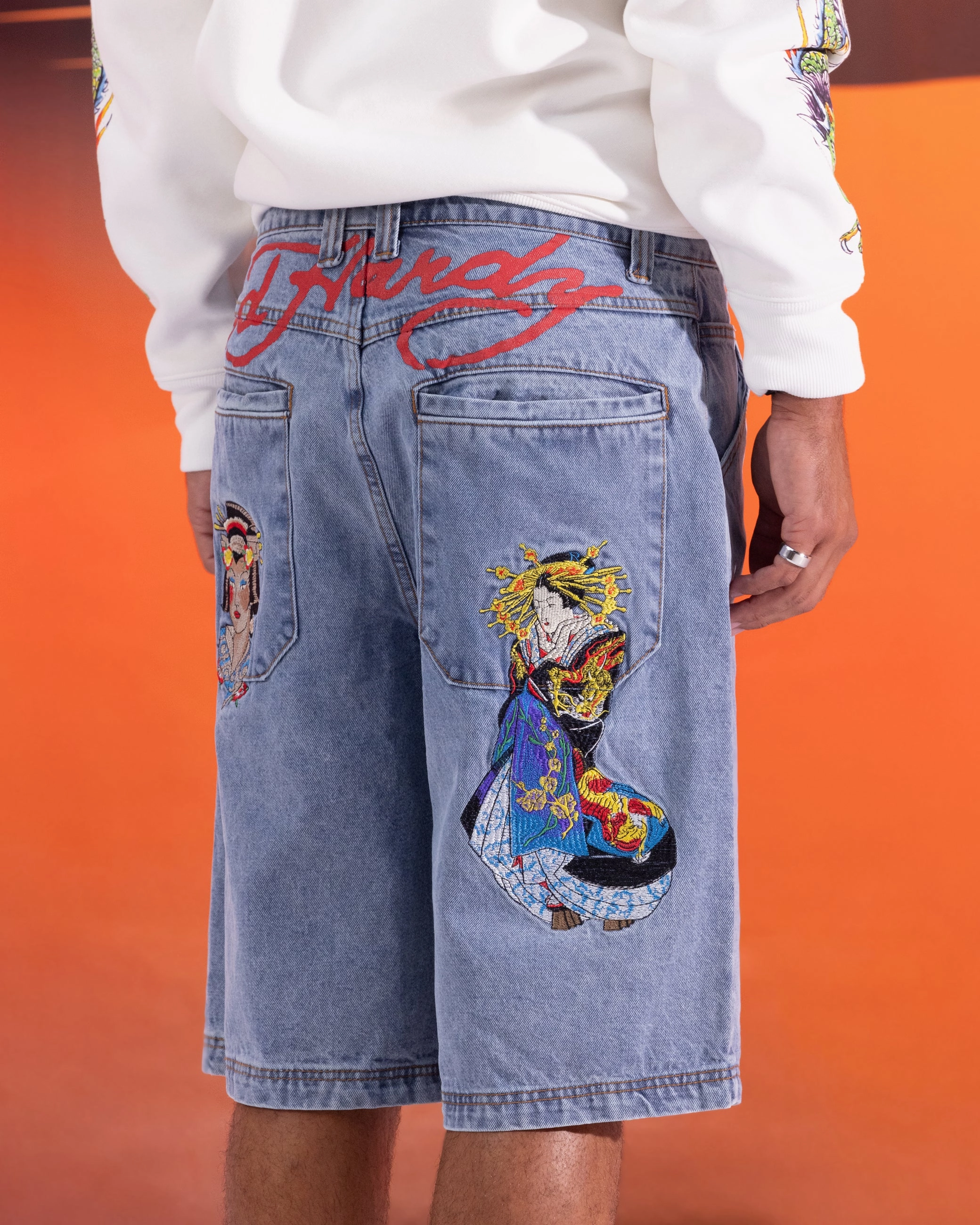 Eco friendly materials Gothic style Ed Hardy Geisha Jorts Light Wash Blue
